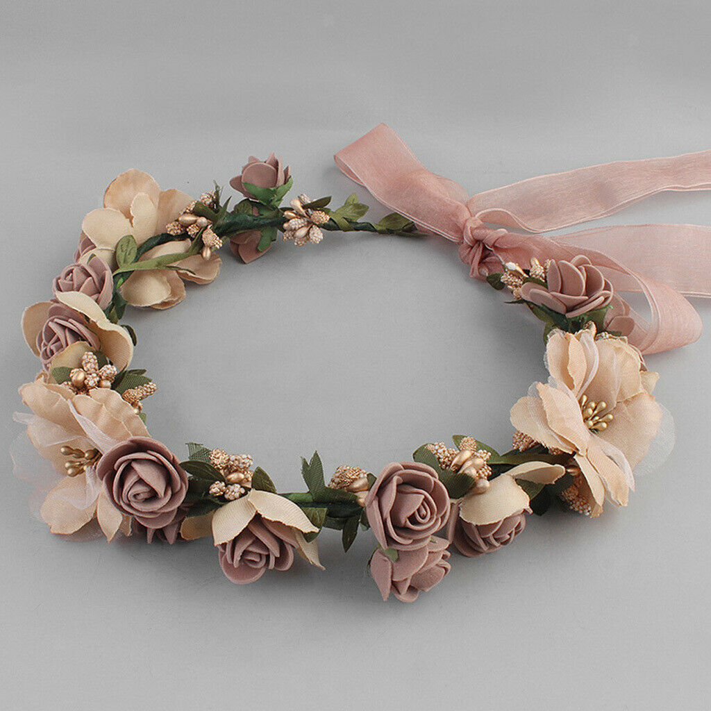 Boho Girl Floral Crown Flower Headband Hair Garland Wedding Headpiece Coffee