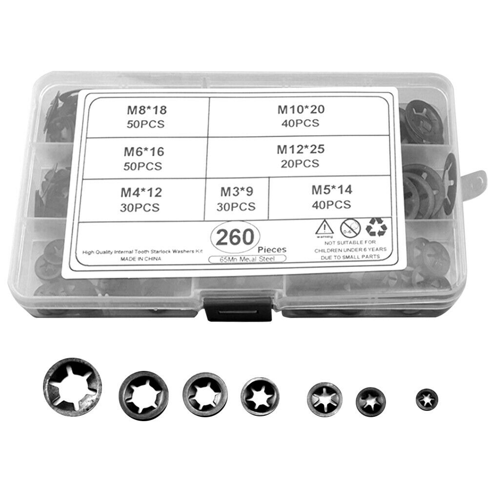 260PCS M3-12 Push-on Quick Locking Washers Star Nut Metal Fastener Assorted Kit