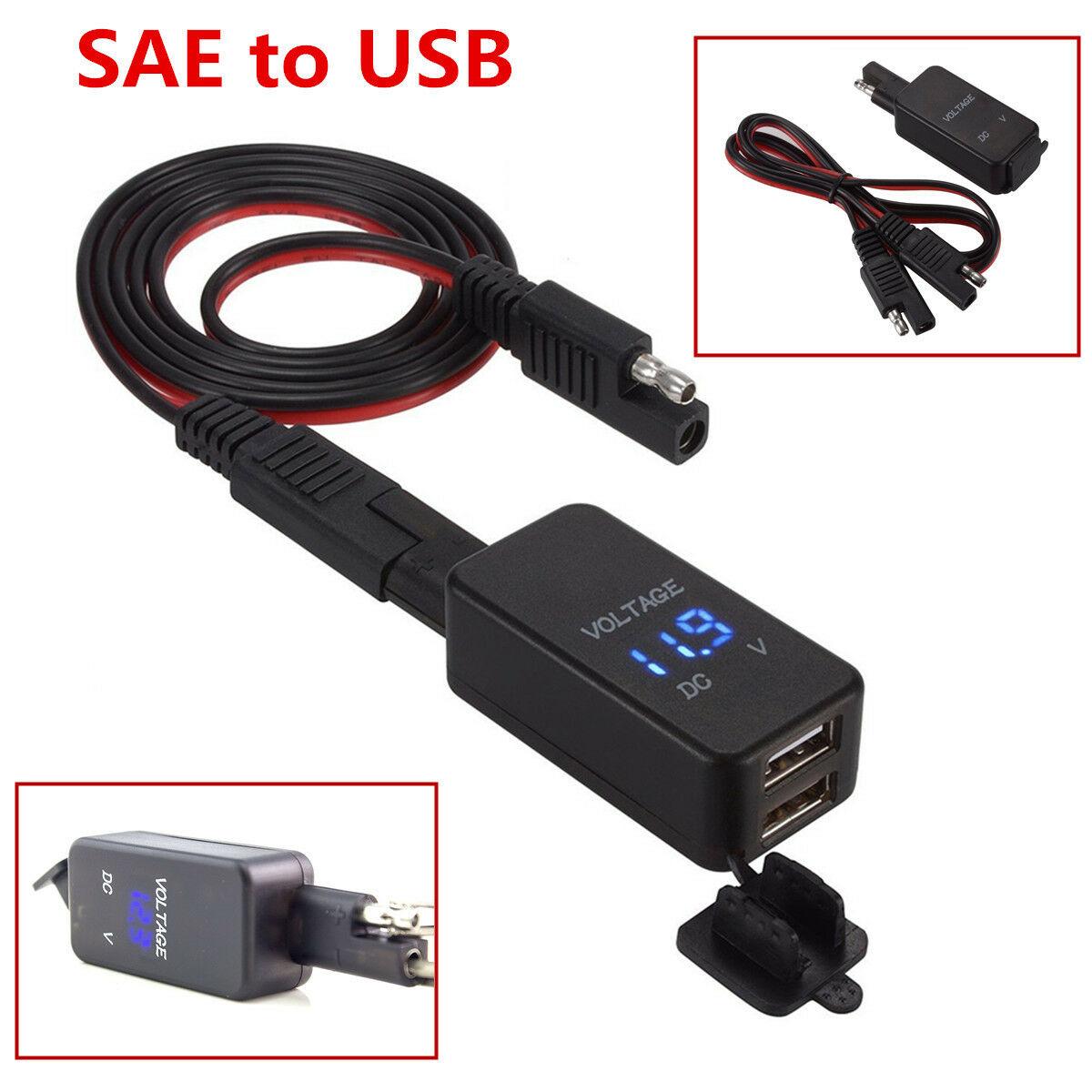 Universal Motorcycle SAE to USB Cable Dual USB Power Port Charger LED Voltmeter