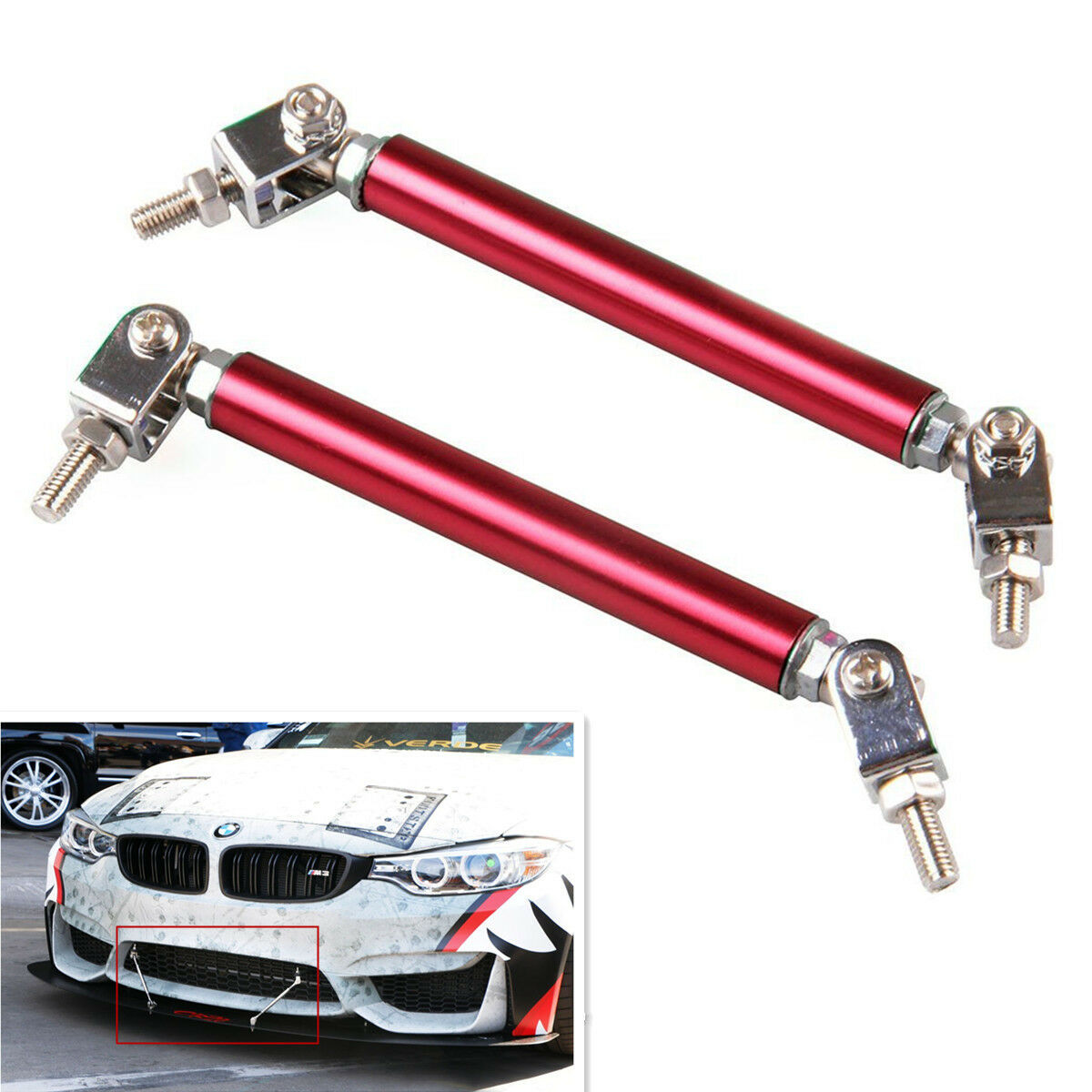Red Adjustable 75mm-115mm Front Rear Frame Bumper Splitter Strut Rod Support Bar