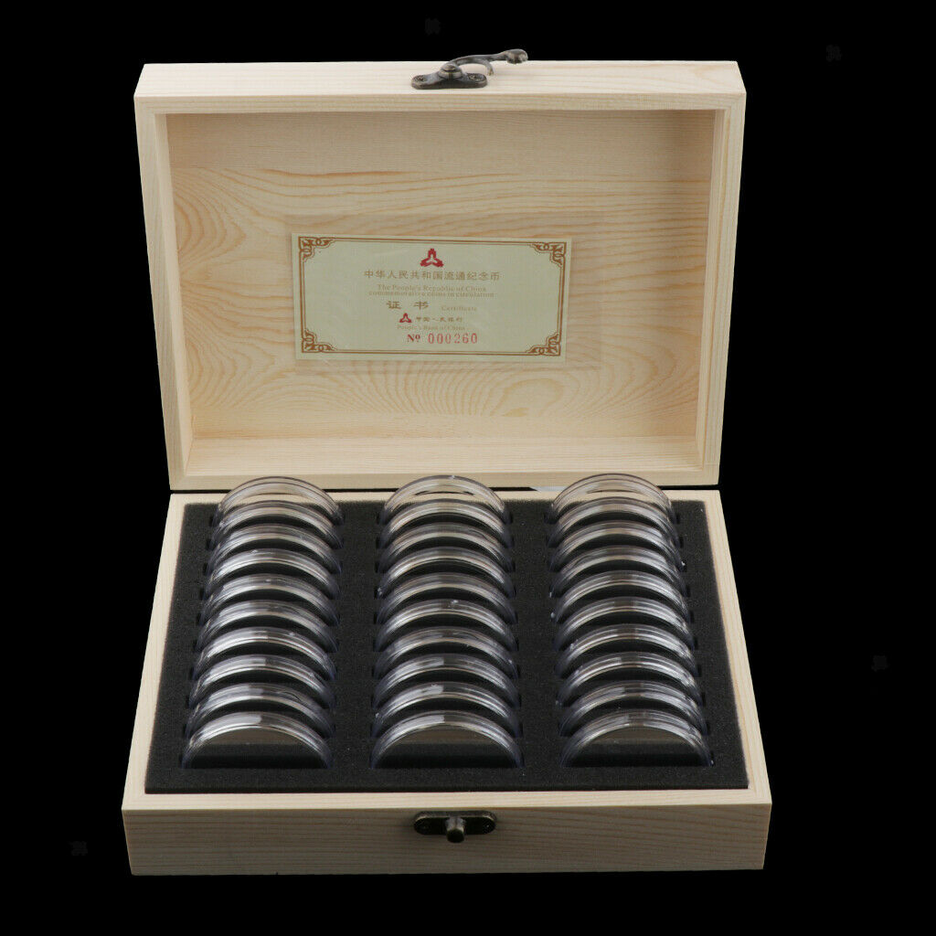 30pcs Transparent Coin Capsules Protection Display Holders with Wooden Box for