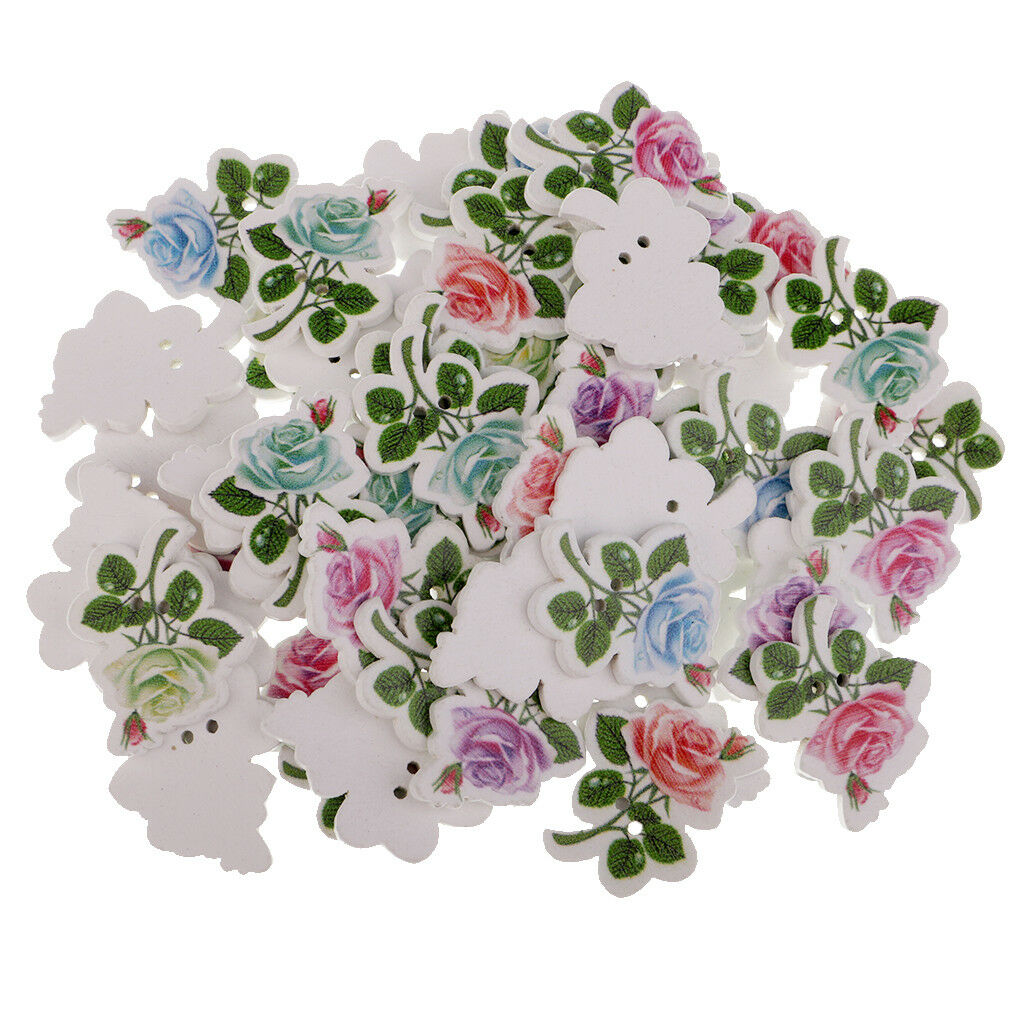 50x Rose Flower Wooden Decorative Buttons for Scrapbook Sewing Embellishment