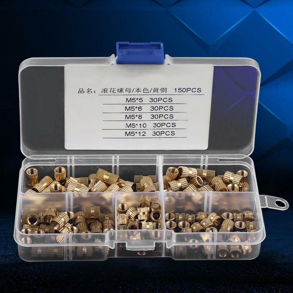150x M5 Threaded Round Metal Knurl Thread Insert Nuts Brass Tone Nuts Set Kit