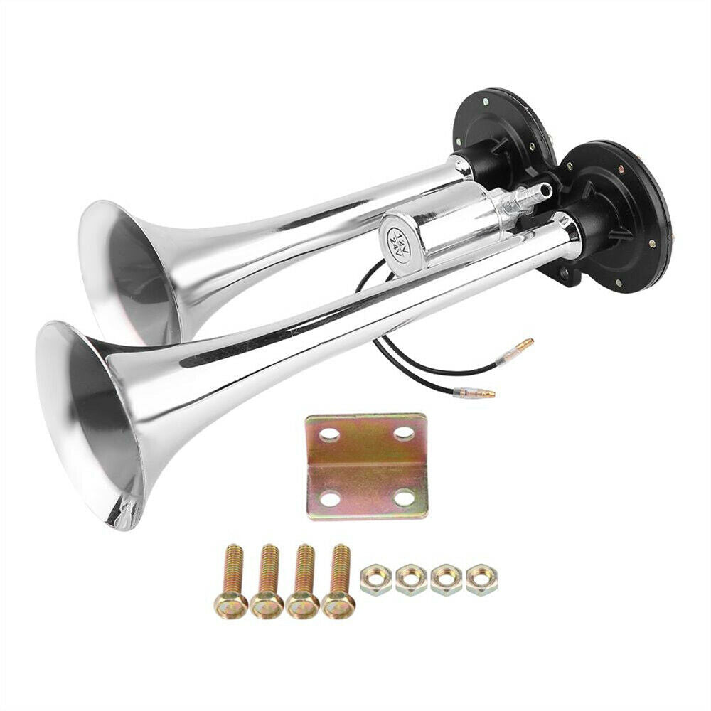 12V Truck Train Boat RV 150db Super Loud Dual Trumpet Air Horn Chrome W/Solenoid
