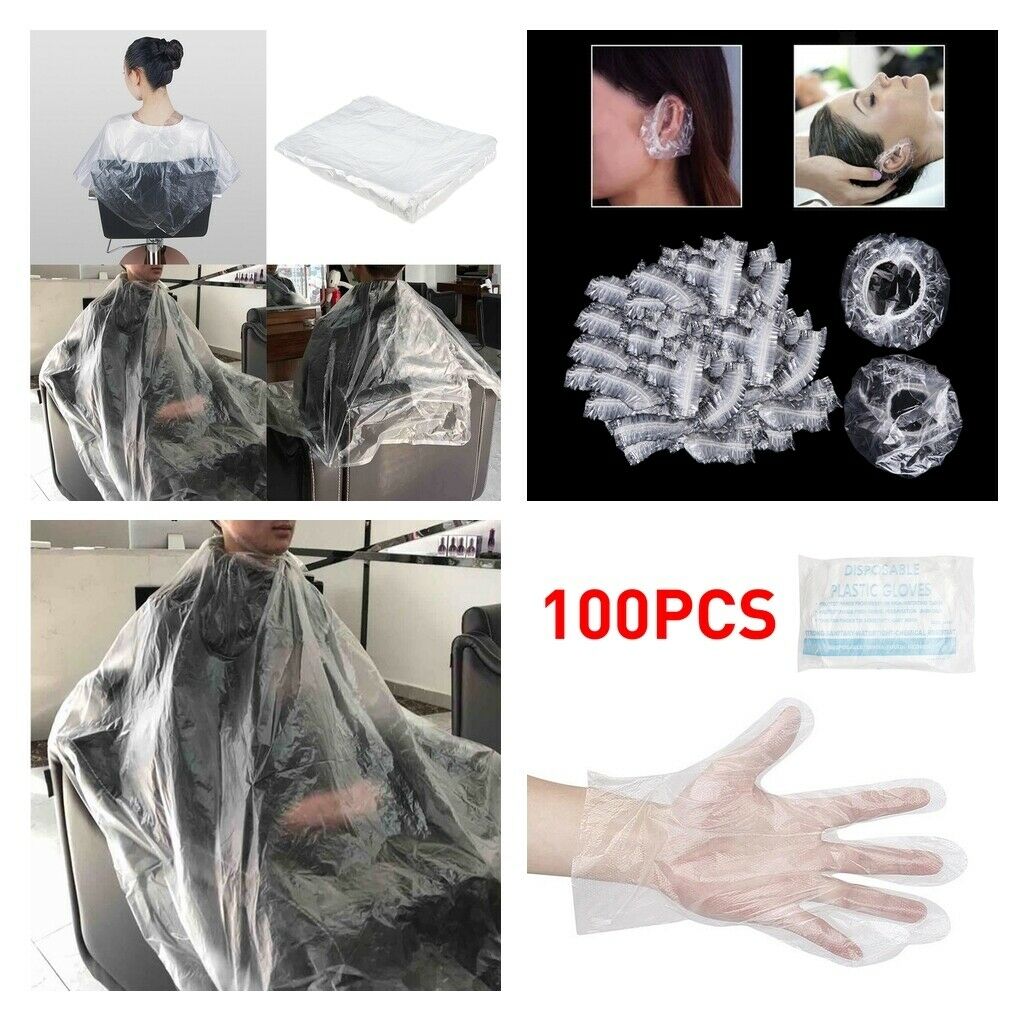 100Pcs Disposable Hair Cutting Gown Capes Clear + 100pcs Ear Cover / Gloves
