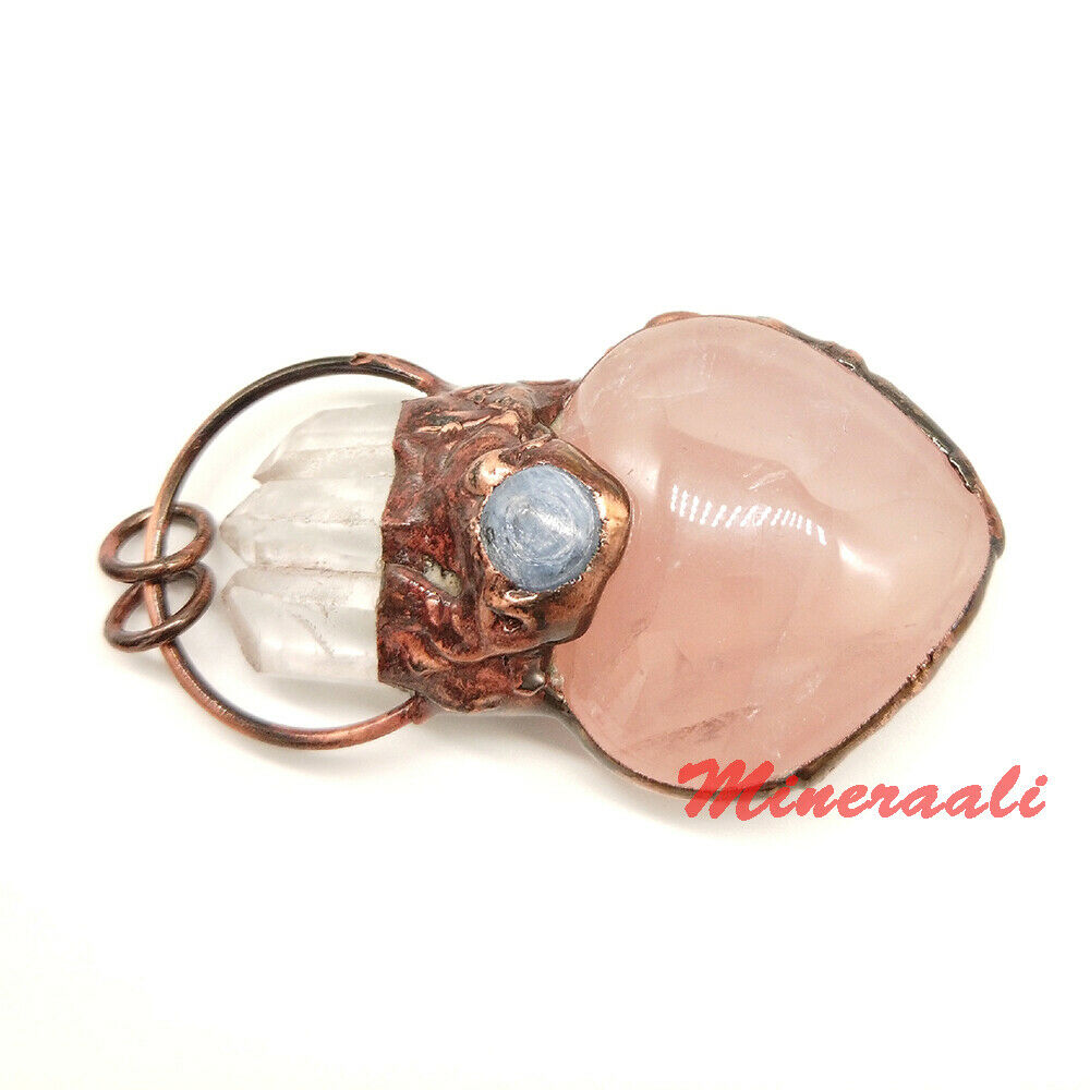 Natural Rose Quartz Crystal Heart Carved Pendant Clear Quartz Point Healing