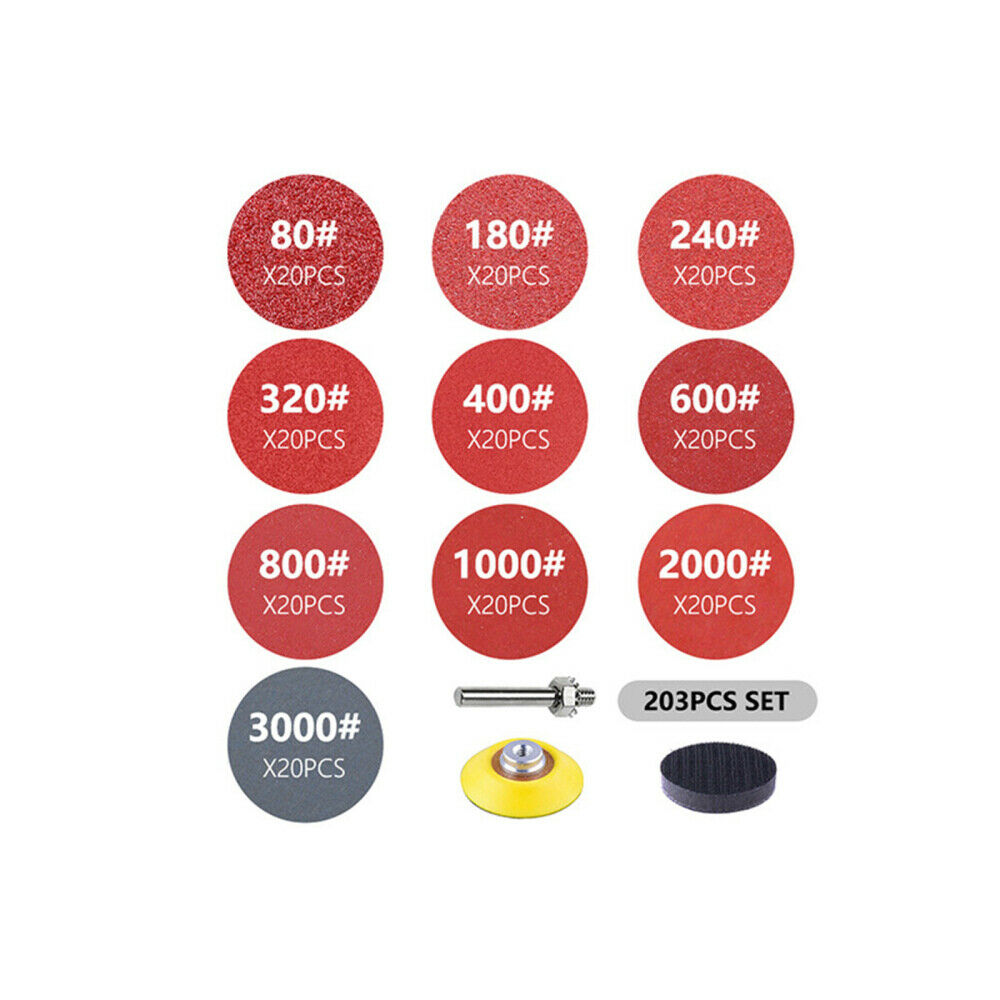 203PCS Sanding Disc 80-3000 Grit Hook Loop Sander Polishing Pads Sandpaper Discs