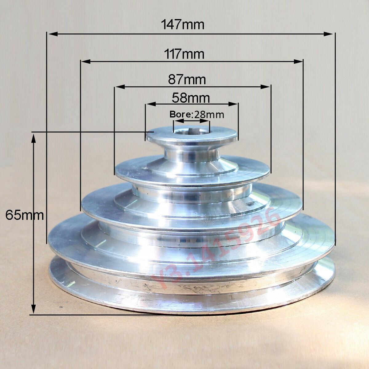OD147mm, 4 Step Pulley 28mm Bore for 1/2"=12.7mm Belt width - Cast Aluminum
