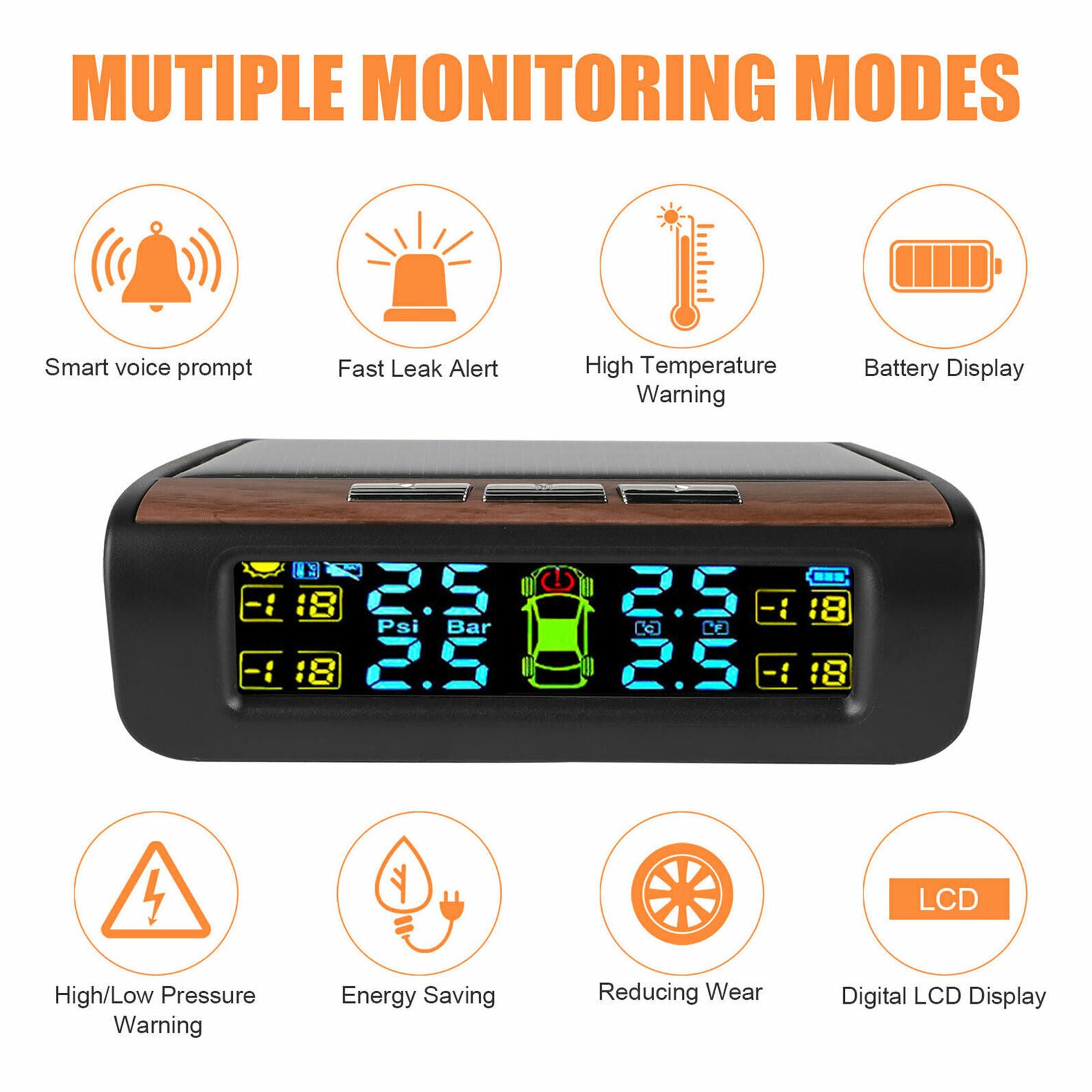 Solar TPMS Wireless Auto Car Tire Pressure LCD Monitoring System W/ 4 External