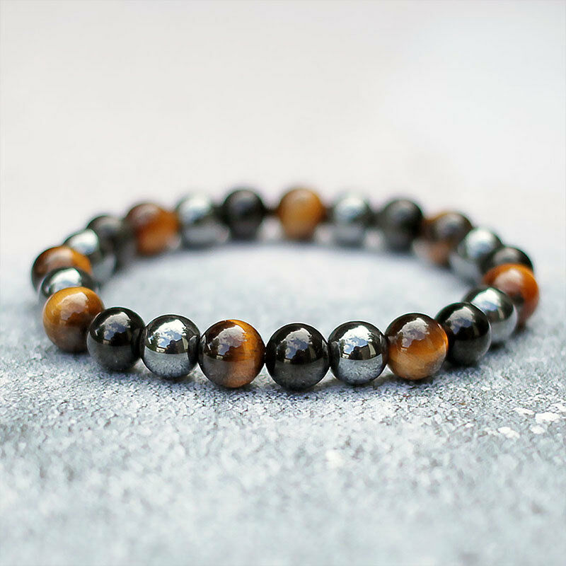 Bracelet " Triple Protection " IN Eye Of Tiger, Hematite And Obsidian Black New