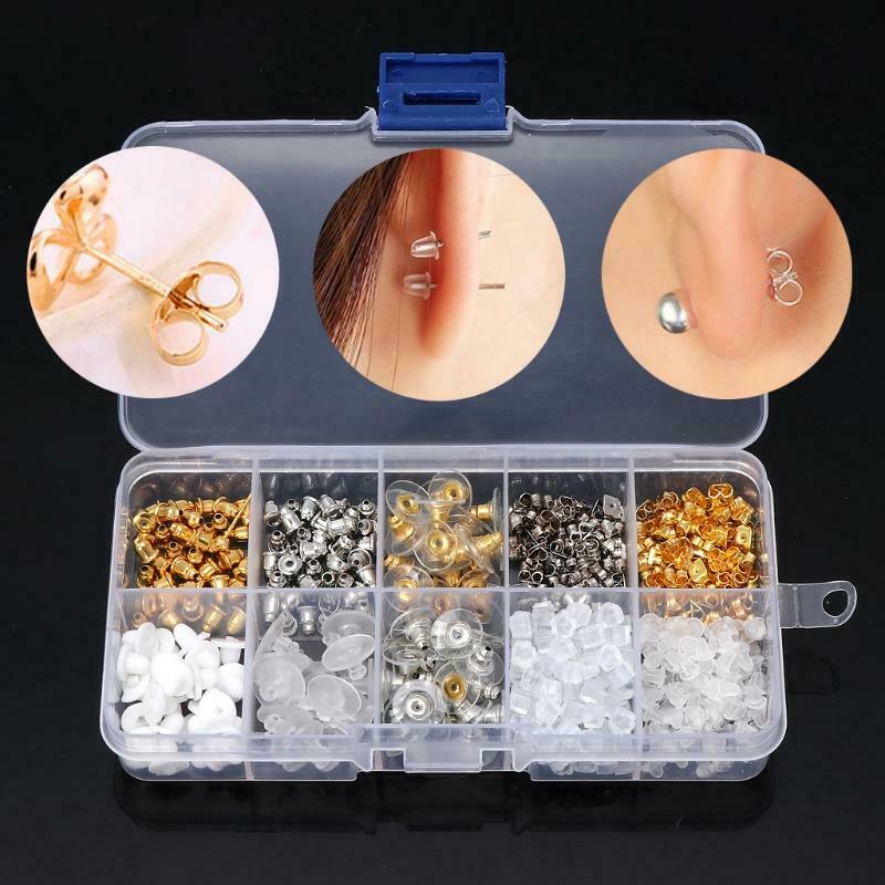 400Pcs Hypoallergenic Silicone Metal Assorted Earring Backs Box Jewelry Findings
