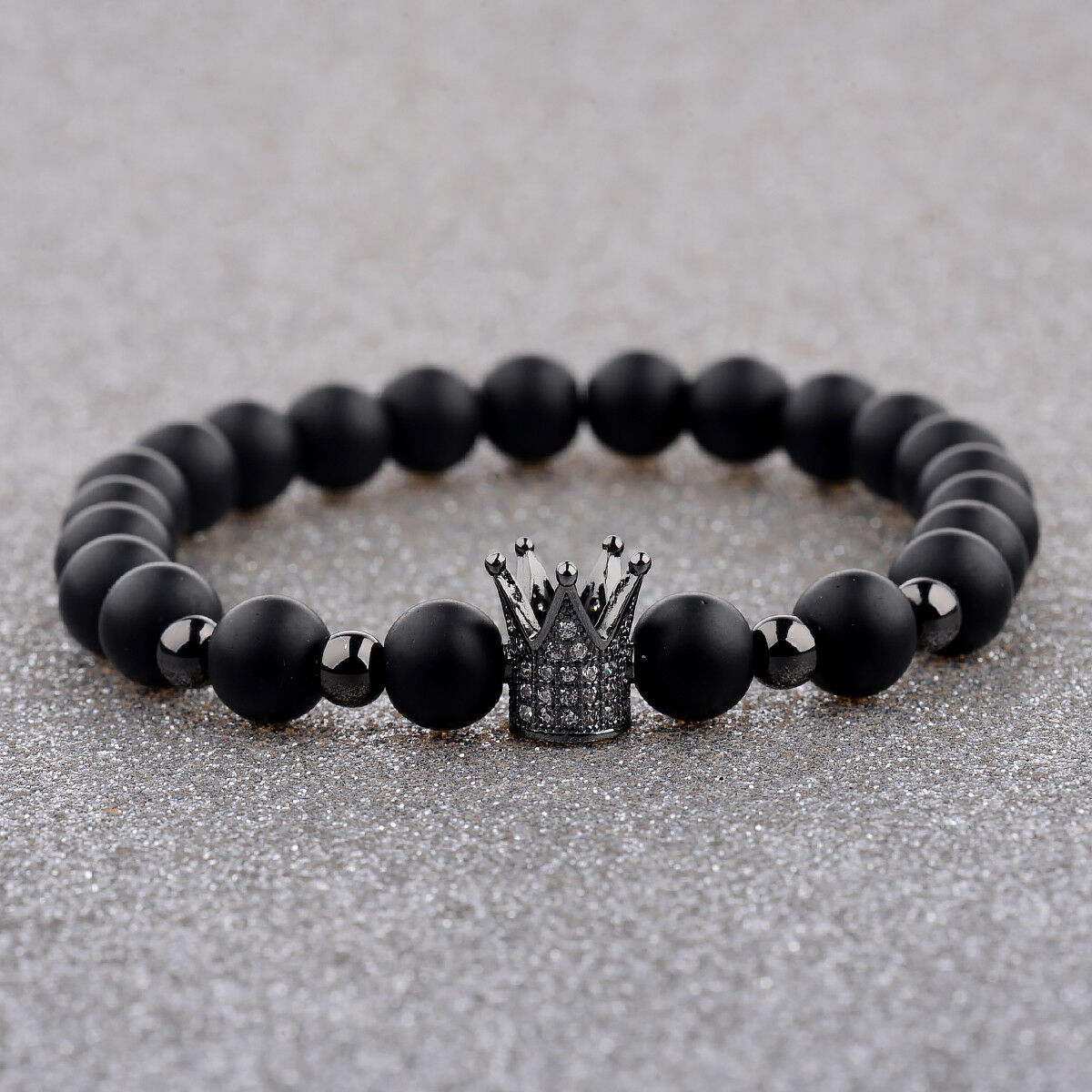 8MM Crown Natural Stone Matte Black Charm Men's CZ Copper Bead Chuck Bracelet