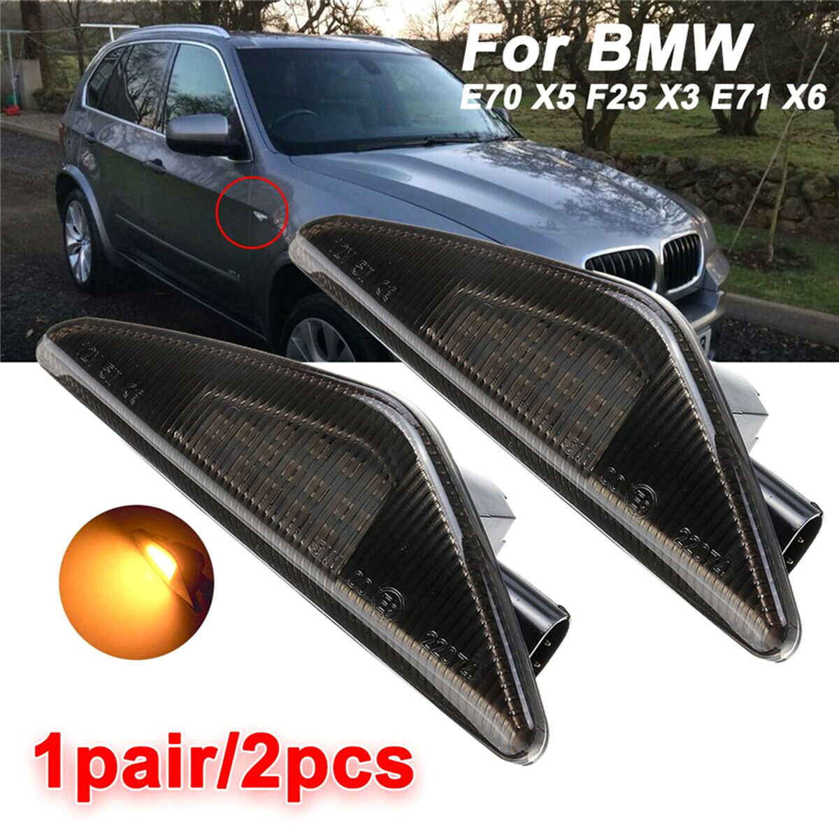 For BMW X5 X6 X3 E70 E71 E72 F25 2007-13 12V ABS Amber LED Side Marker Light x2