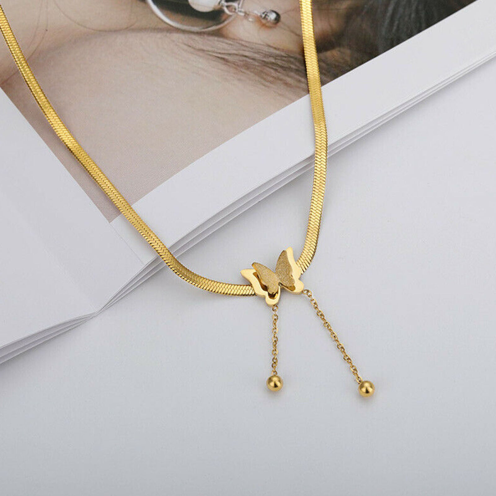 Women Butterfly Pendant Choker Adjustable Chain Charm Stainless Steel Necklace