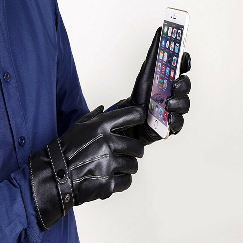 Leather Gloves Full Finger Mens Motorcycle Driving Winter Warm Touch Screen US
