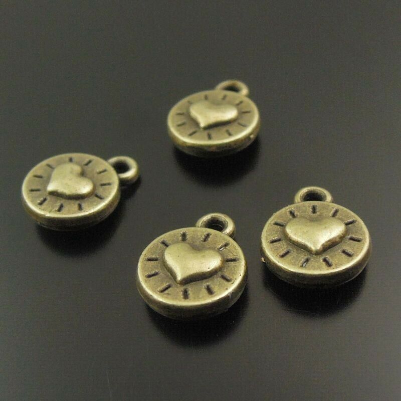 120 pcs Antiqued Bronze Heart Alloy Charm Round Pendant Earring Findings 8*8*2mm