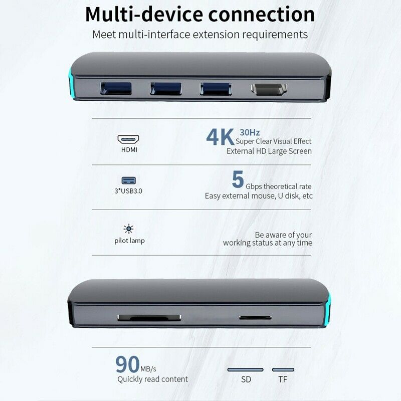 USB C Hub 6-In-1 Hub with 4K MI USB 3.0 SD/TF Card Slot for iPad Pro Macbook PN6