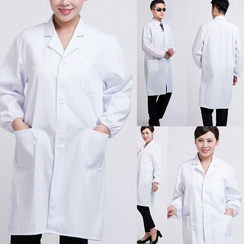 Womens Mens White Lab Coat Scrub Medical Doctors Lapel Collar Jacket Hospital