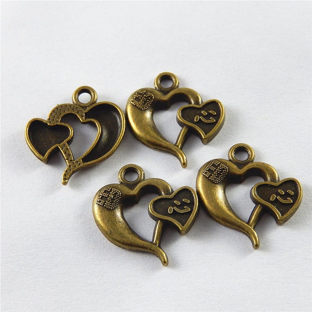 40-pack Antiqued Bronze Alloy Love Heart Shape Chinese Word Pendant 21*18*3mm