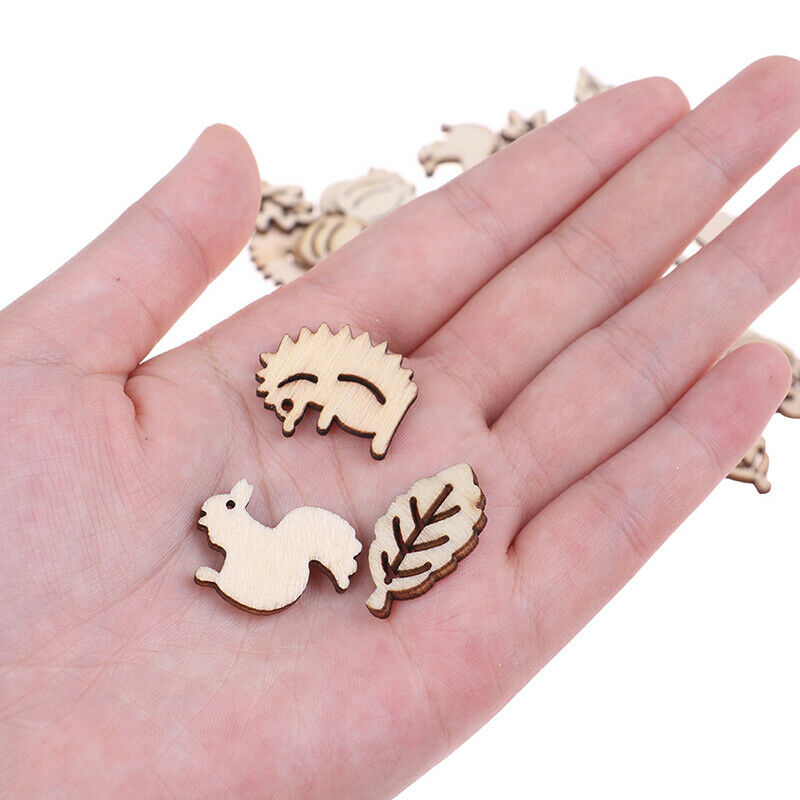 50x Mixed Wooden Craft Squirrel Leaves Mushroom Shape Hedgehog Decoration.l8