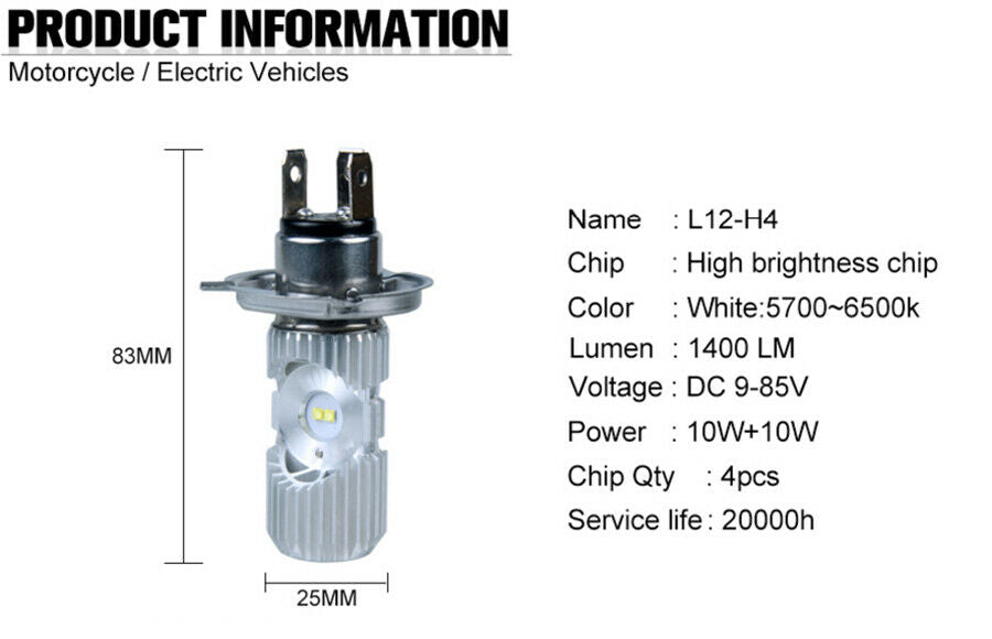 1 Pcs H4 Led White Motorcycle Headlight High /Low Beam  Double Side Illumination