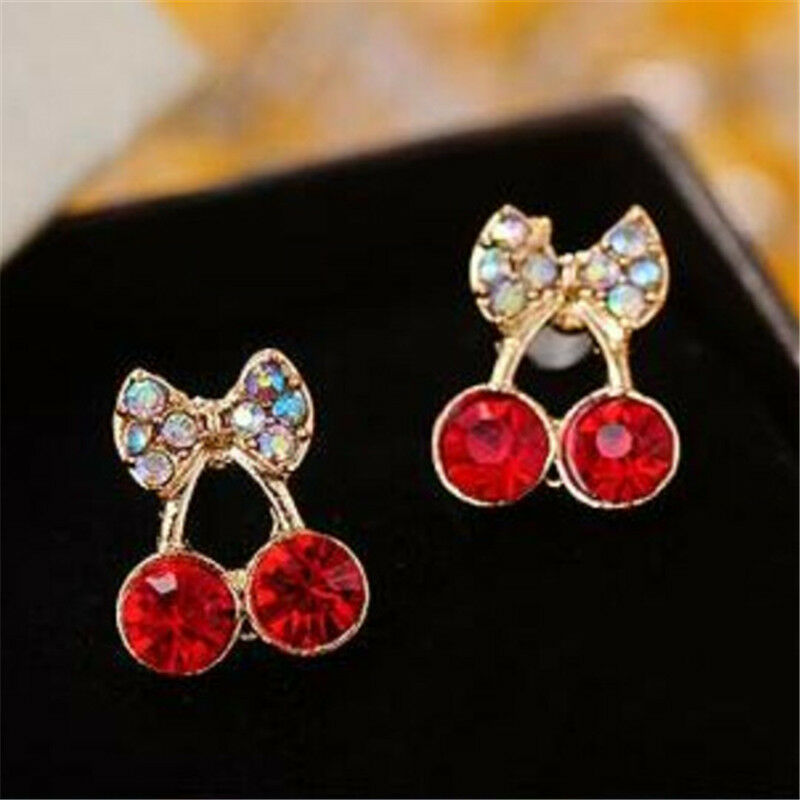Women's Sweet Charm Crystal Cherry Bowknot Stud Earrings Rhinestone EarrinLDU Qx