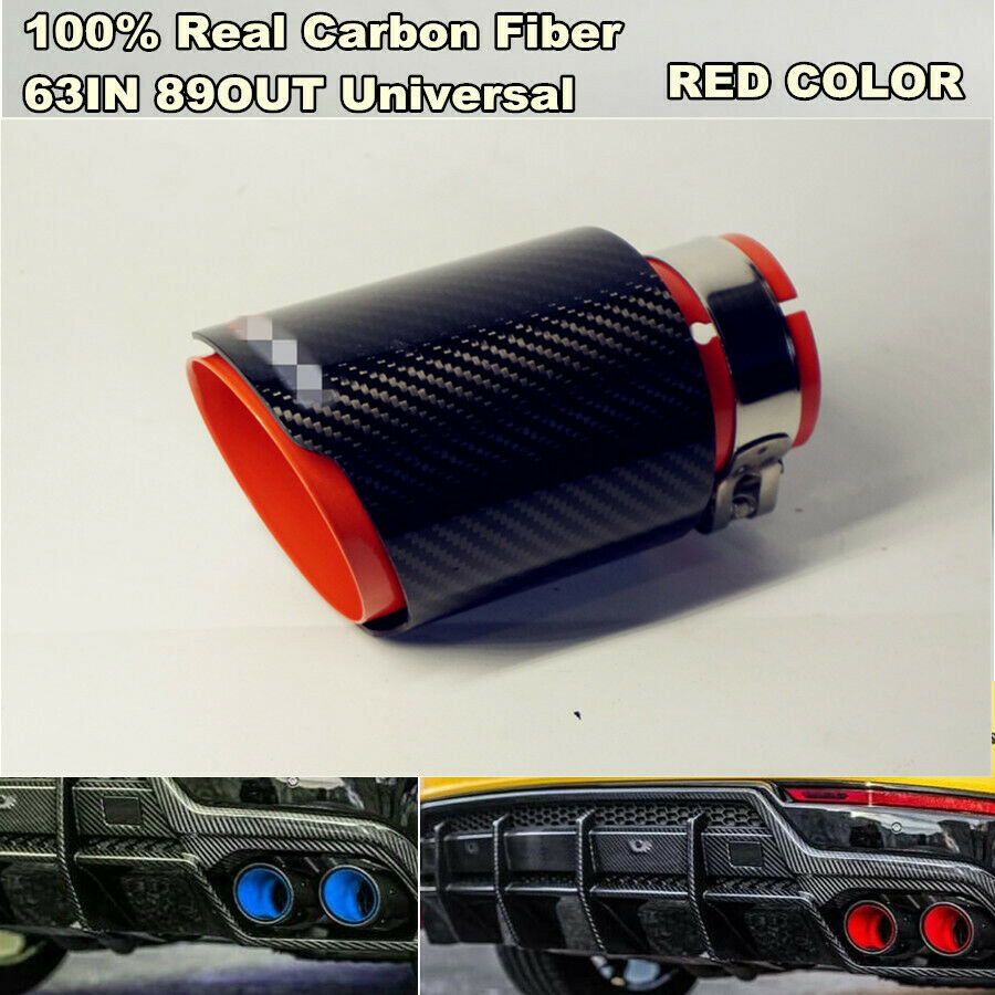 Real Carbon Fiber Sport Style Glossy Black & Red Exhaust Tips Muffler 63mm-89mm