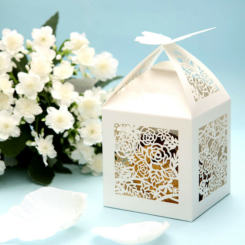 50pcs Hollow Rose Flower Wedding Butterfly Candy Boxes Gift Favor White