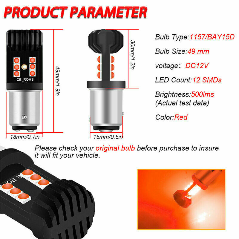 2X 1157 7528 2357 2057 LED Brake Stop Tail Light Parking Bulbs Lamps Red Canbus