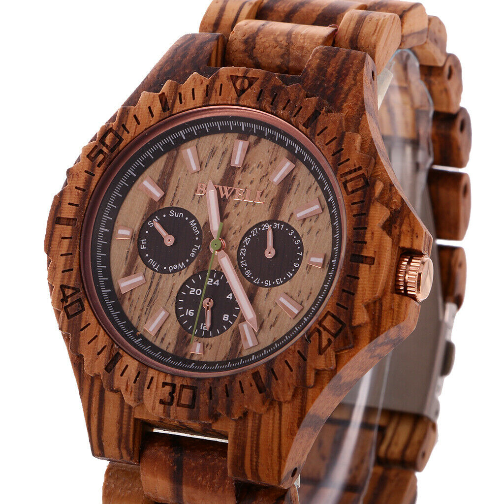Mens Quartz Watch with Date Day Luminous Hands Lightweight Wooden Wristwatch