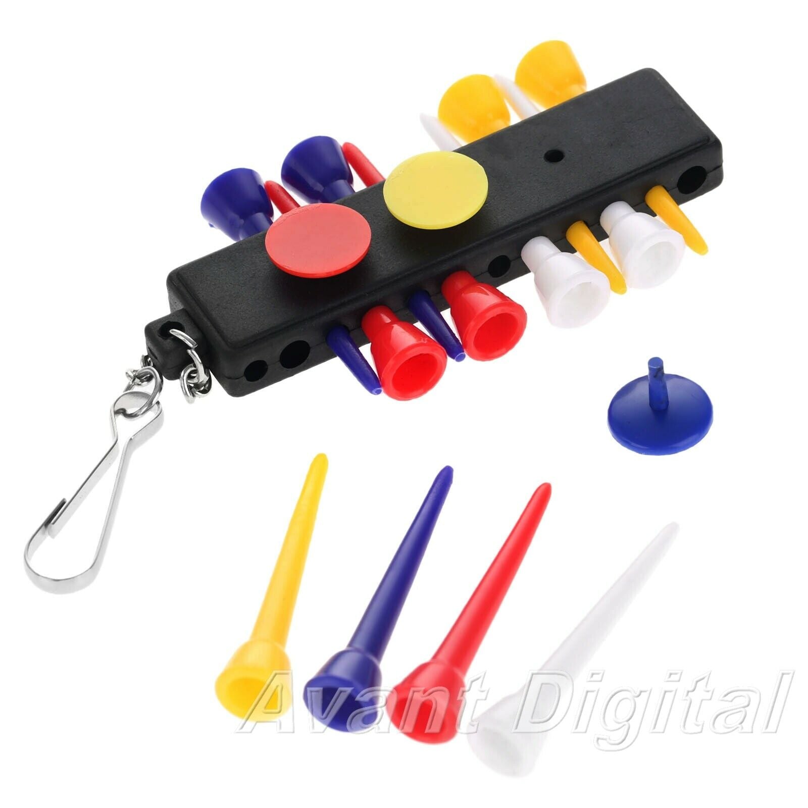 Rubber Plastic Golf Tee Black Holder With 12 Tees & 3 Ball Markers & Keychain