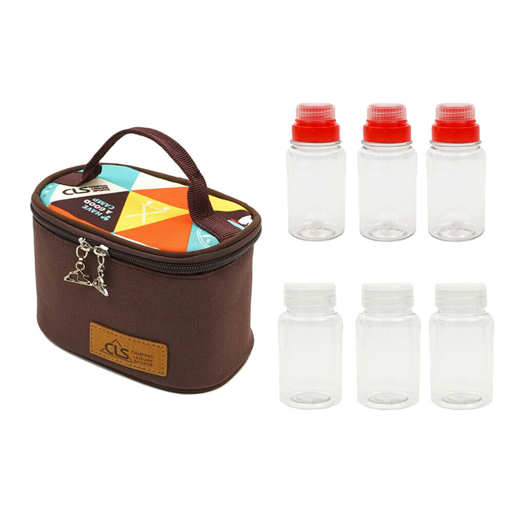 6Pcs Camping Picnic BBQ Condiment Spice Jar Bottles with Portable Carry Bag