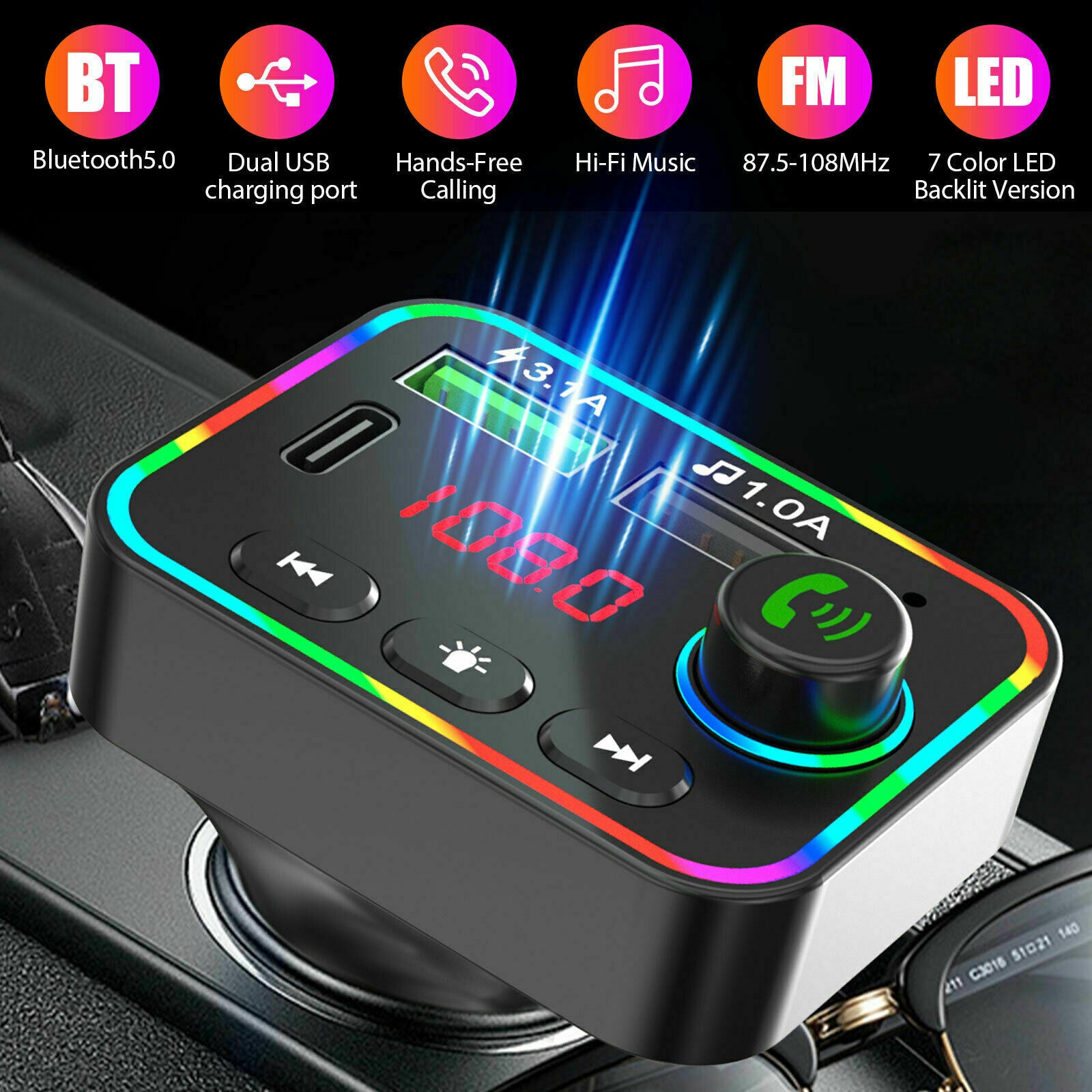 Bluetooth 5.0 FM Transmitter Hands-Free Radio MP3 AUX USB PD Charger Adapter Car