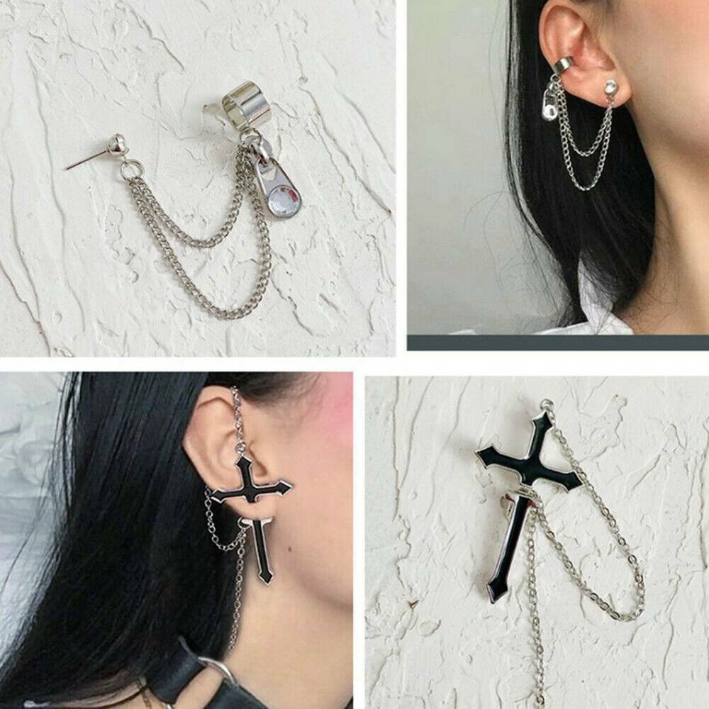 1Pcs Punk Gothic Long Chain Cross Zipper Stud Drop Earrings Women Men Jewelry