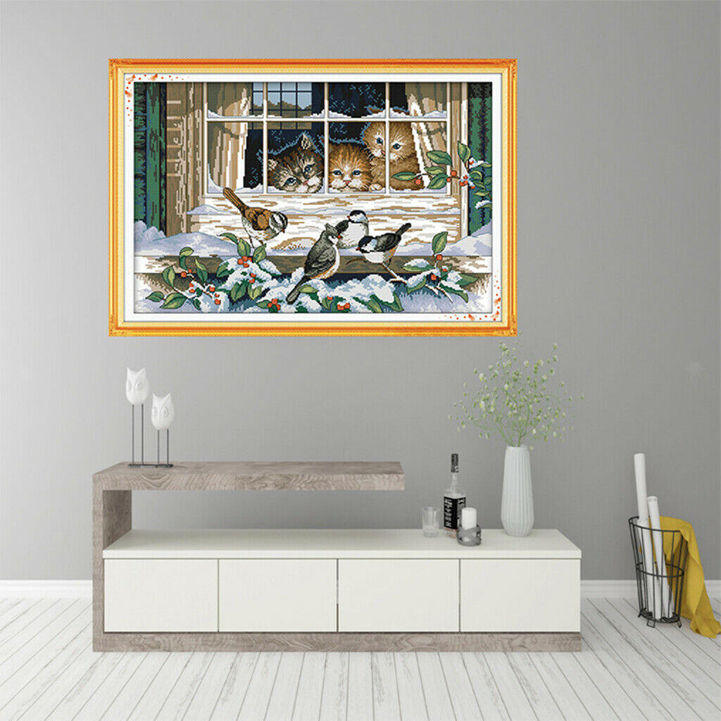 Cats Birds Stamped Cross Stitch Kits for Kids Pre-Printed Pattern Embroidery