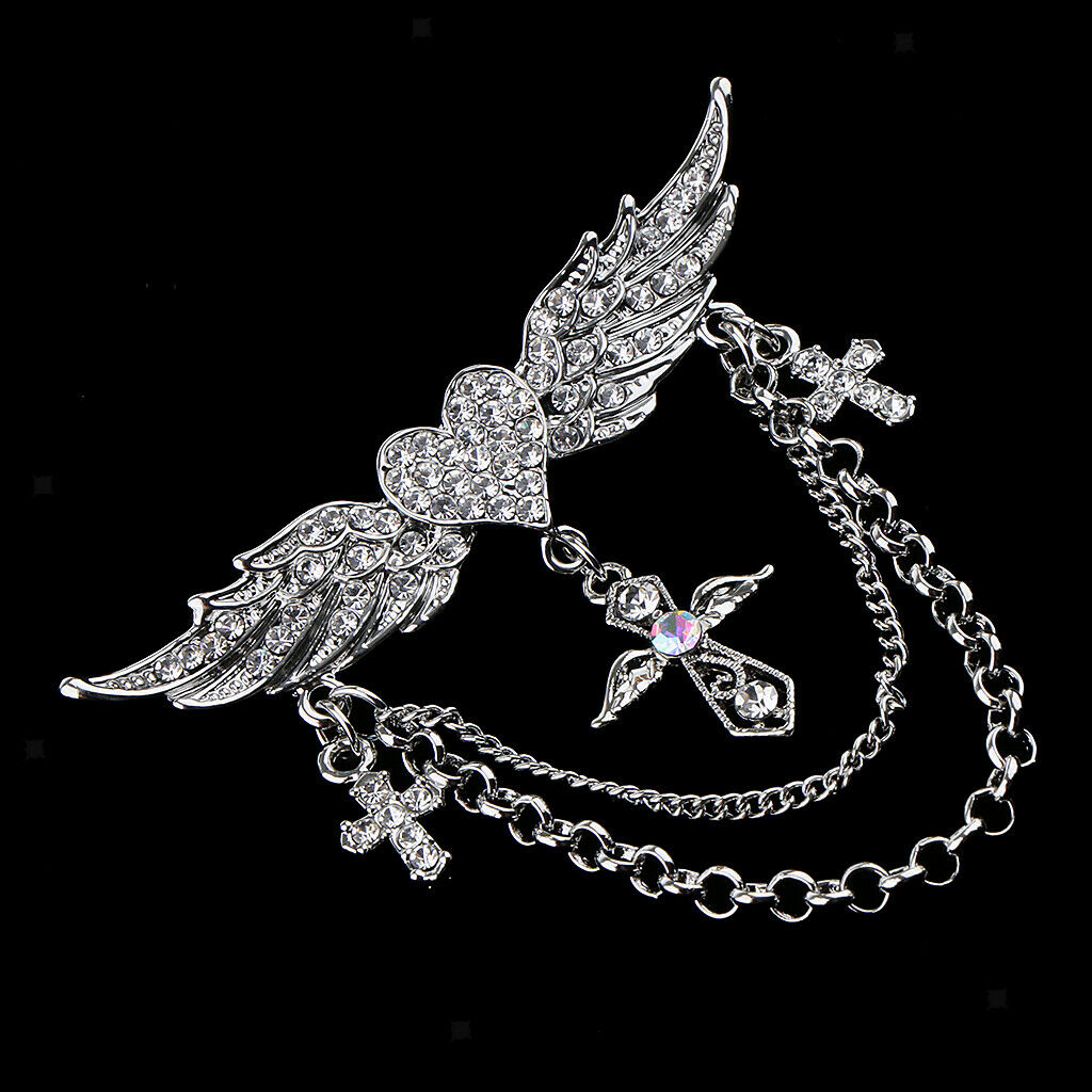 2 Pieces Rhinestone Flying Wings Heart Cross Chain Tassel Pin Collar Brooch