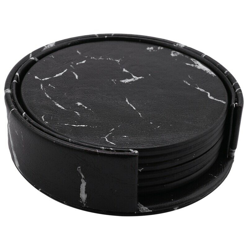 Coasters for Drinks 6-Piece with Holder,Marble Black Round Cup Mat Pad Set Of T2