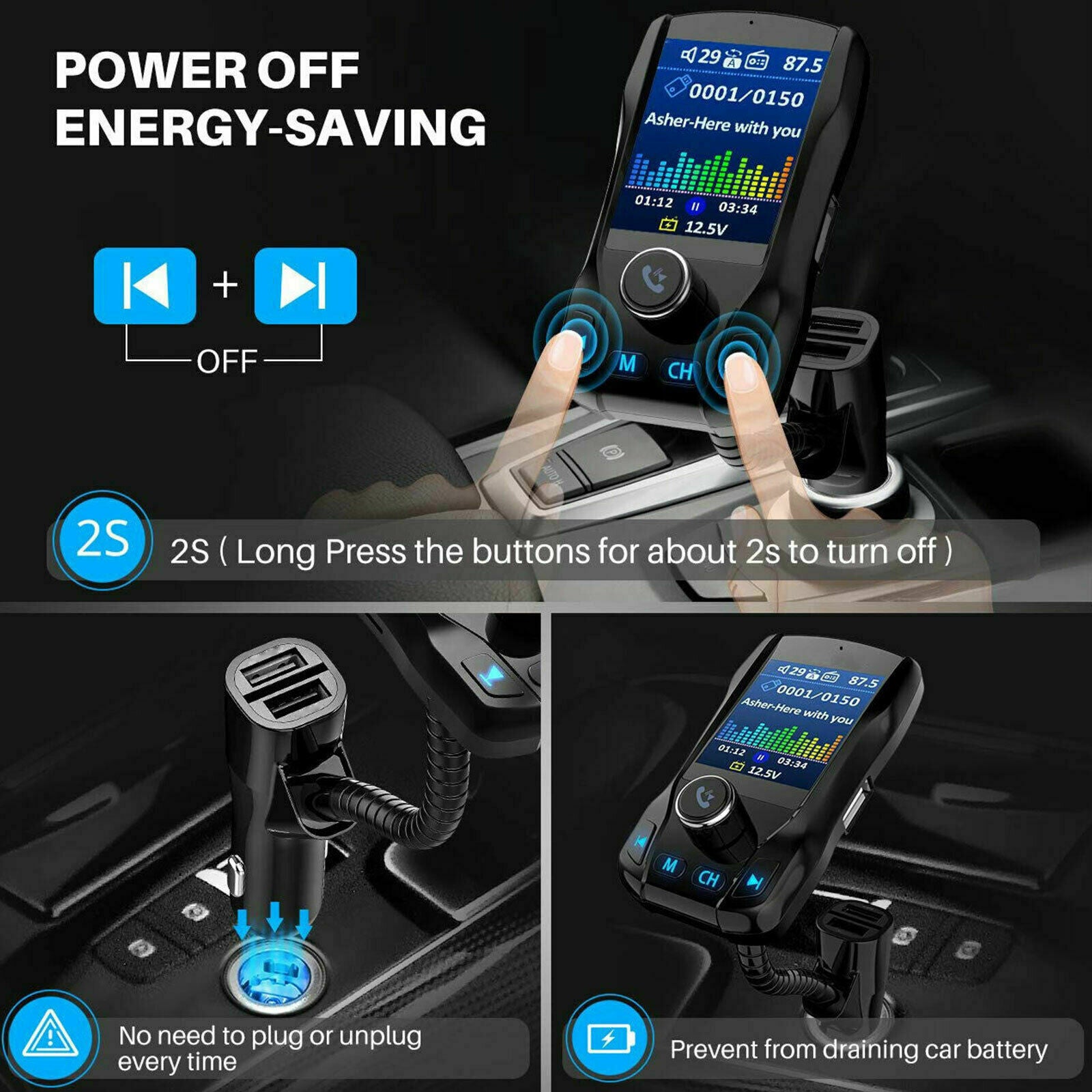 1.8 inch Car Bluetooth 5.0 FM Transmitter MP3 Wireless Adapter Dual USB Charger