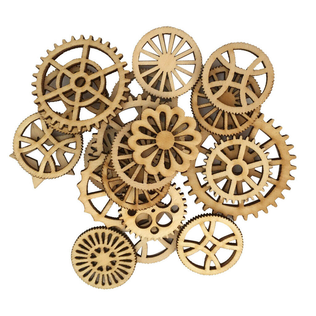 50pcs Mixed Unfinished Blank Wood Wooden Gear Embellishments for DIY Craft Decor