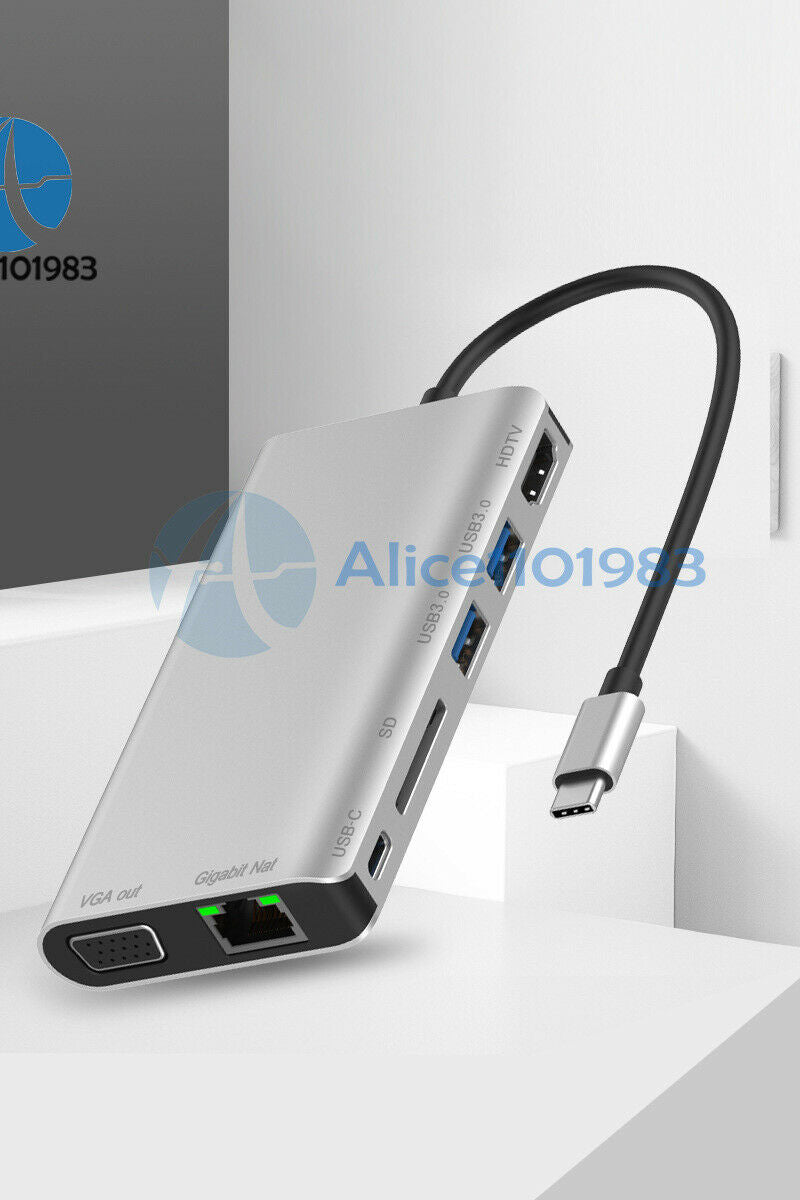 8 in 1 Type C to HDMI VGA USB 3.0 SD Card Reader Gigabit Ethernet Port PD Dock