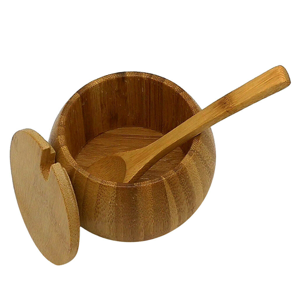 Bamboo Solid Wood Spice Jar Sugar Bowl, Salt Pepper Seasoning Box with Spoon and