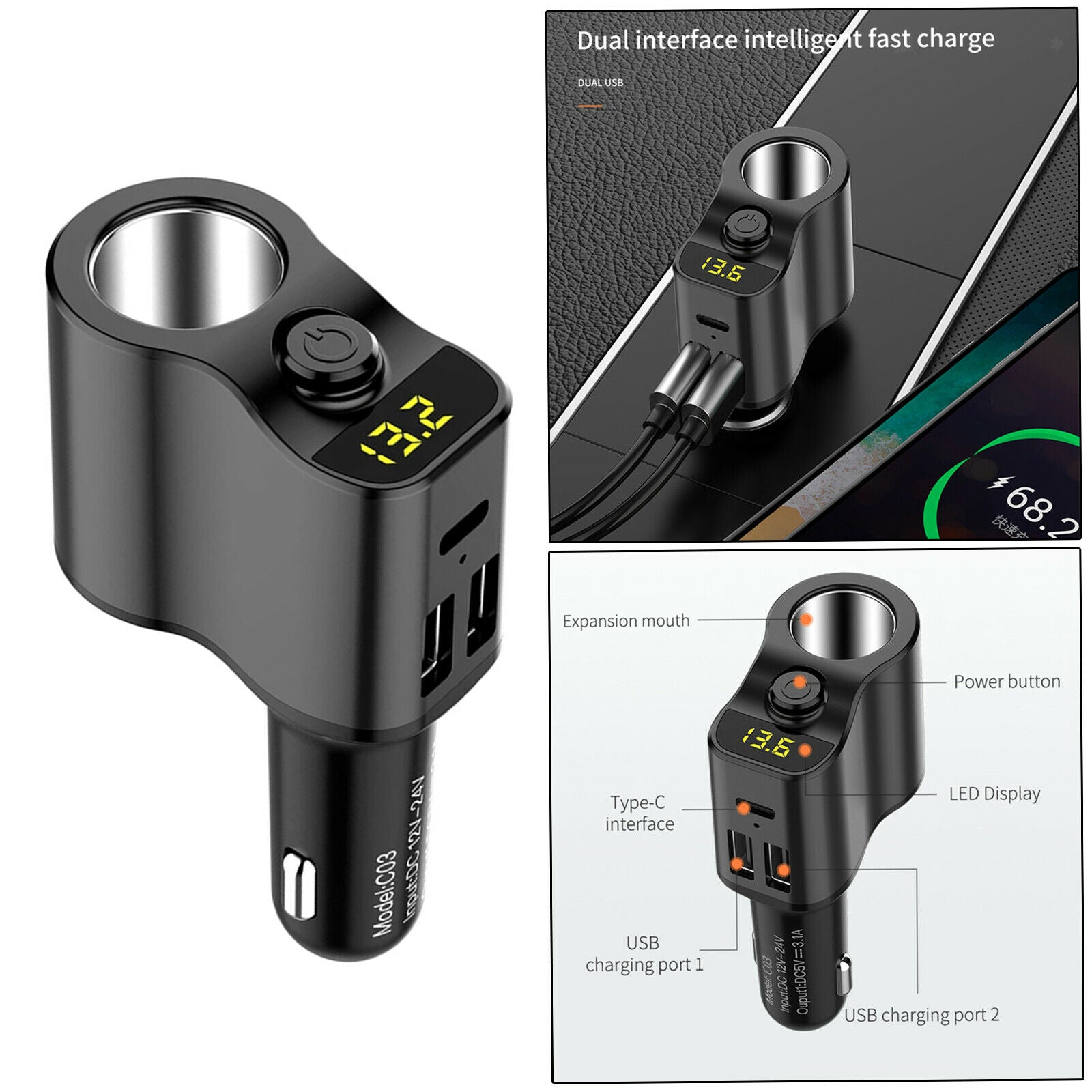 Fast Car Charger FM Transmitter Cigarette Lighter Dual USB Port Type-C Port