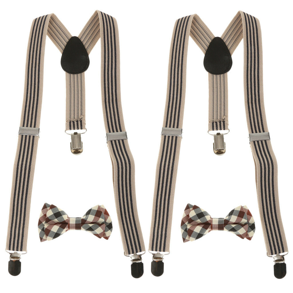 2Sets Boys Adjustable Suspenders   Braces Belts with Plaid Bowties Set