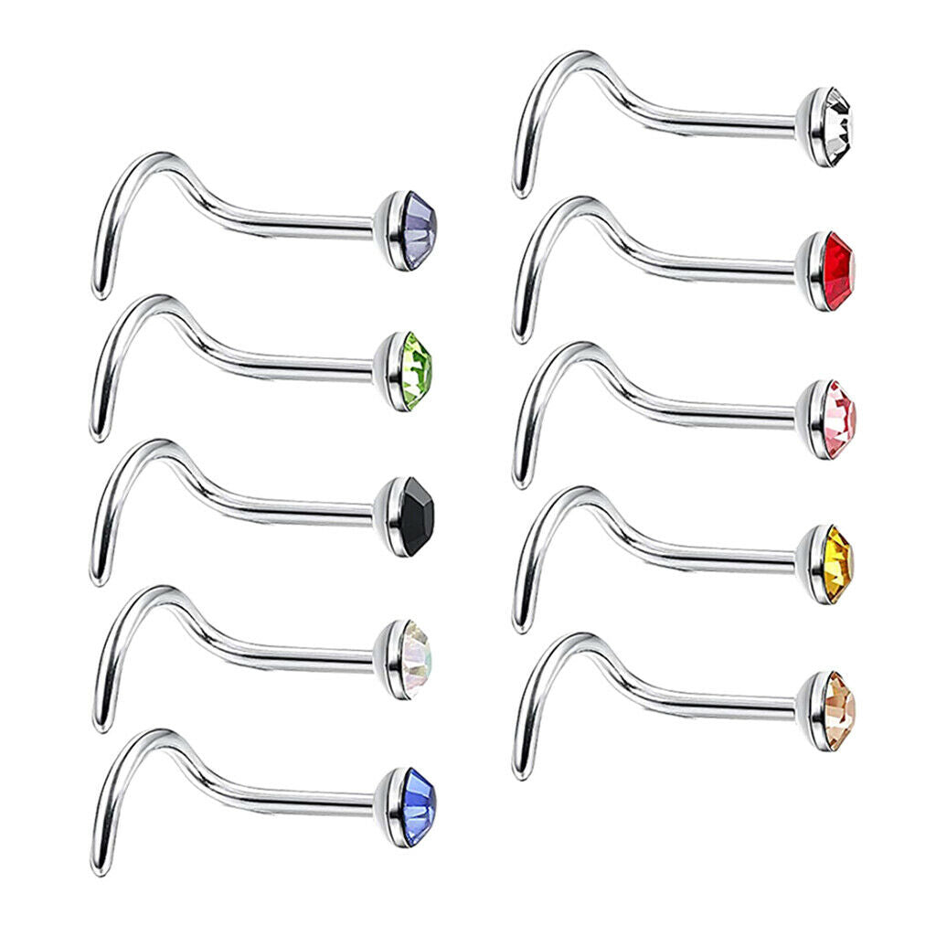 10pcs Rhinestone Stainless Steel Screw Shape Nose Studs Rings 20g 20g-3mm