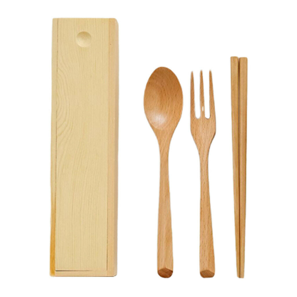 3PCS Wooden Chopsticks Spoon Fork Set with Box Japanese Style Eco-Friendly