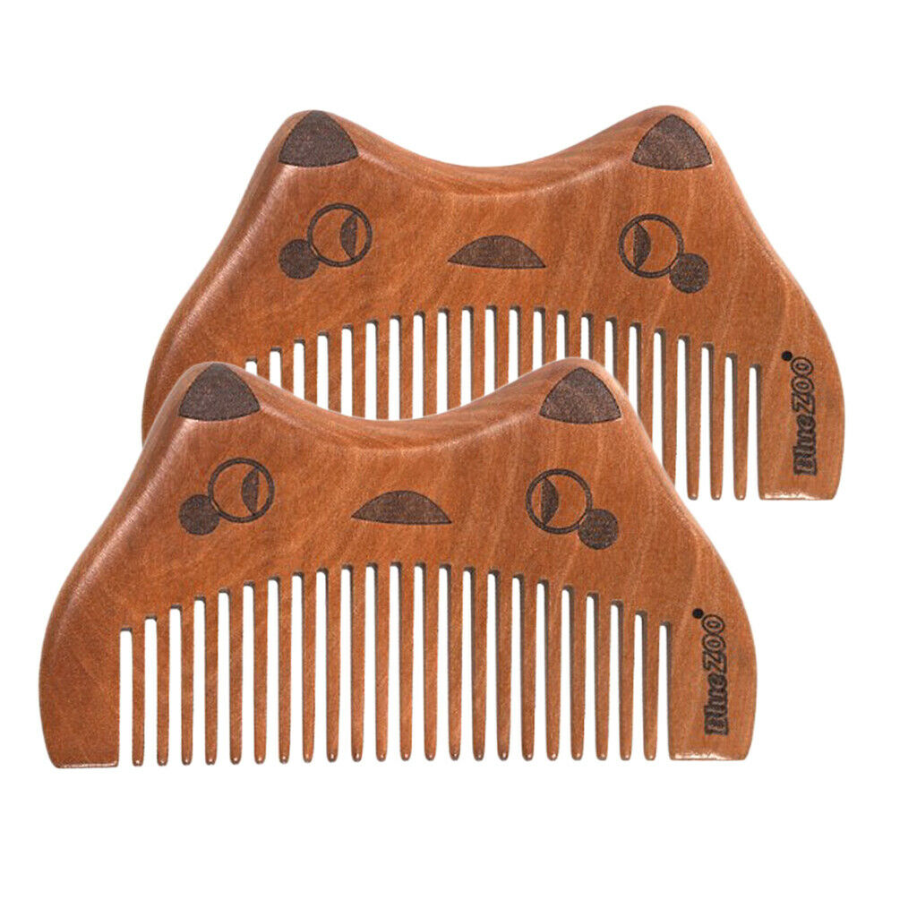 2Pcs Cute Cat Head Anti Static Wooden Massage Comb for Beard Hair Fine Tooth
