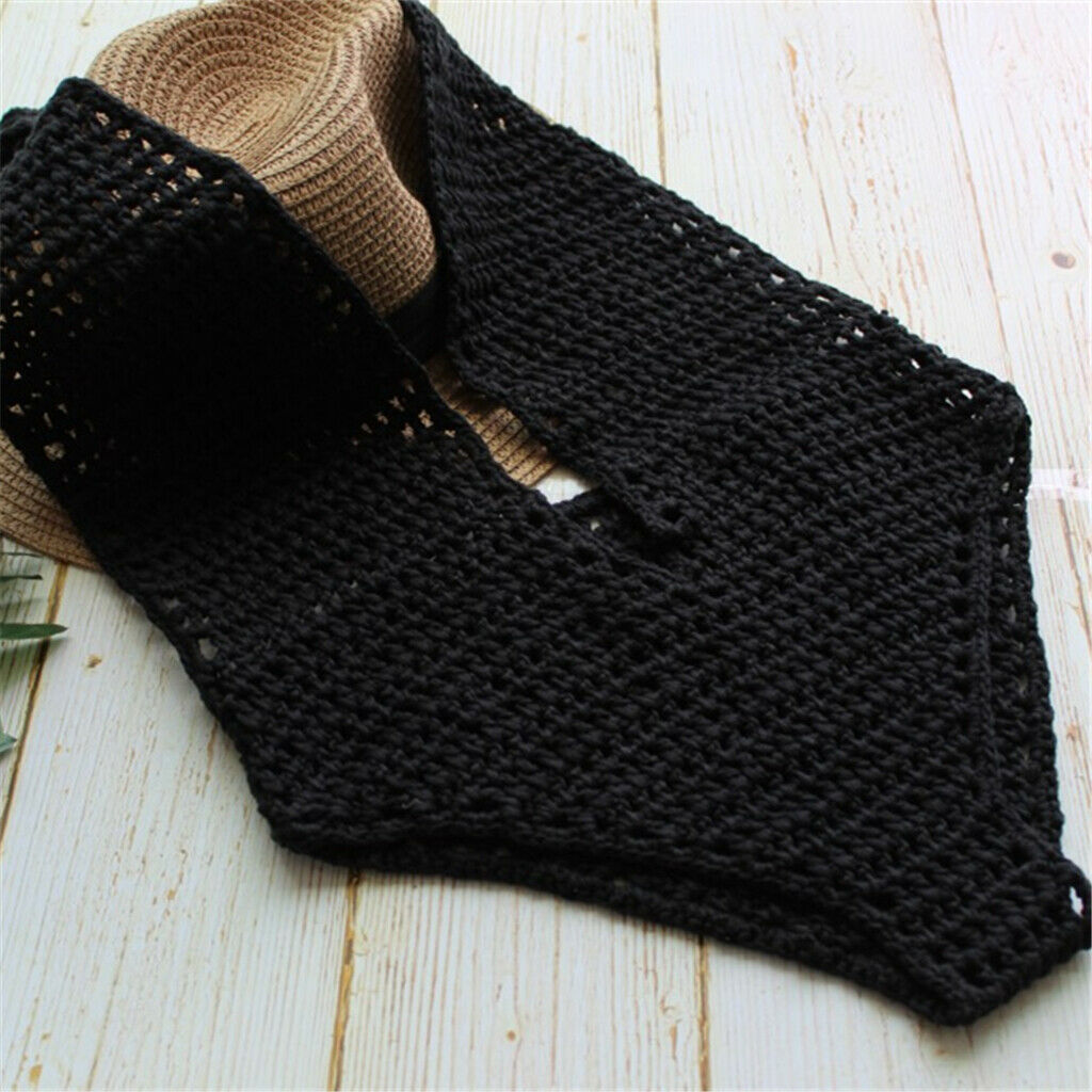 Women Black Crochet Knit Beach Bikini Monokini Halter Deep V-neck Swimwear L