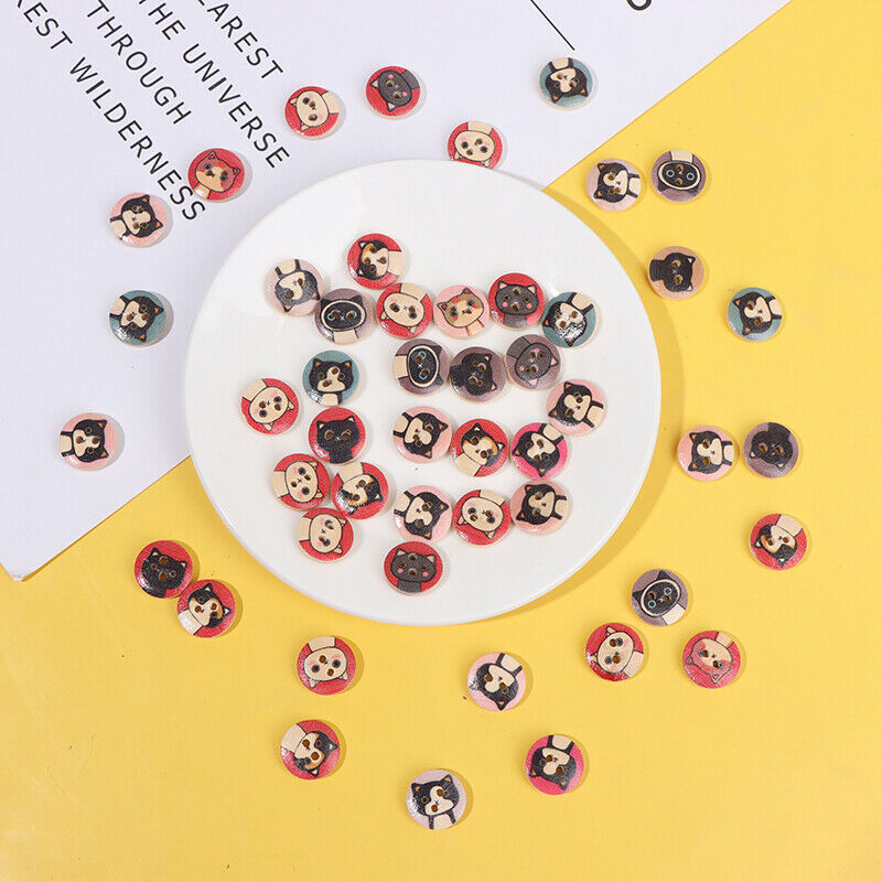 50Pc 15mm Round Wooden Buttons 2 Holes Lovely Cat Buttons For Clothing De.l8