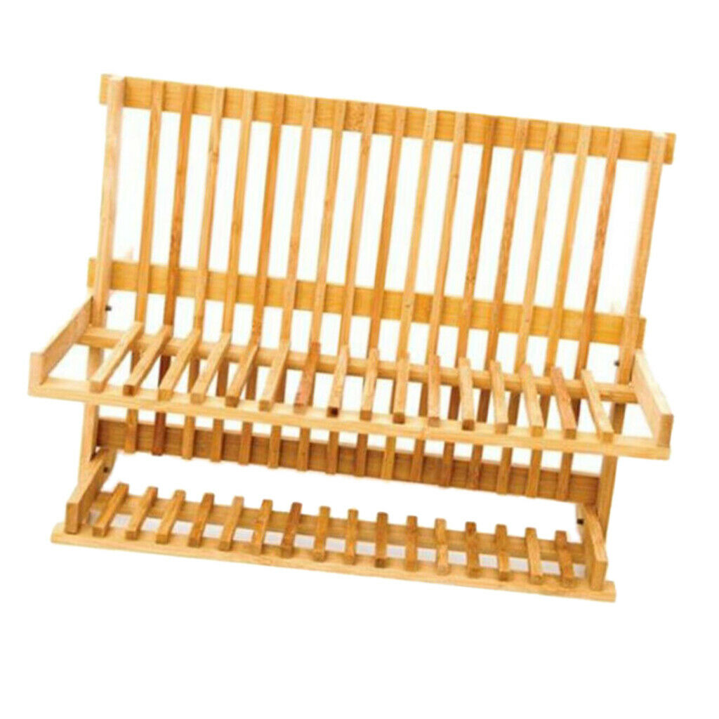 Wooden Dish Rack 2-Tier Collapsible Drainer Folding Dish Drying Rack for Home