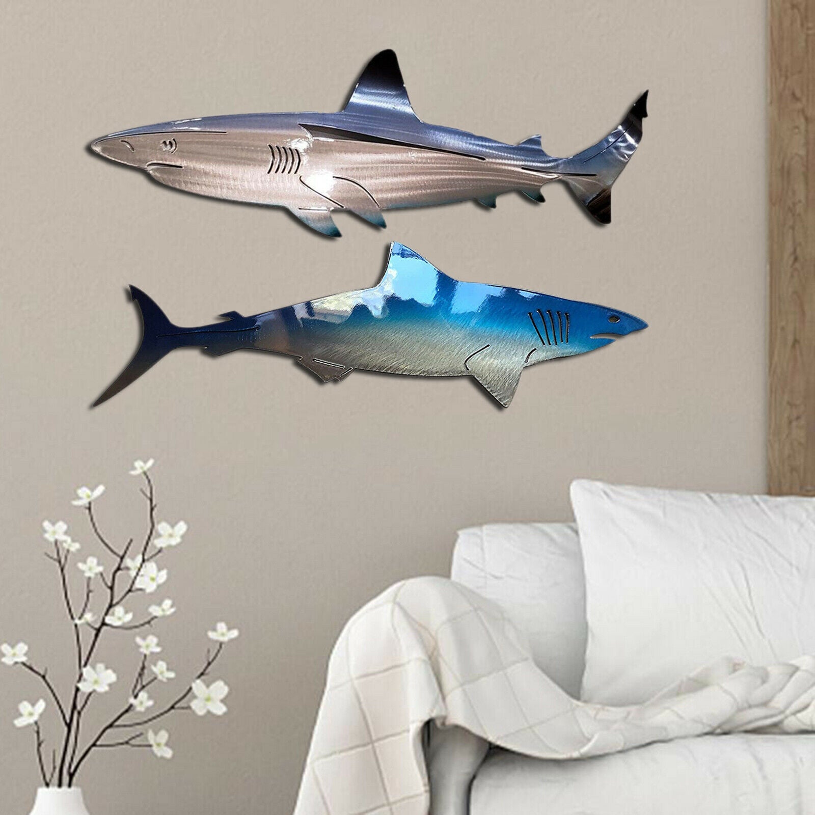2x Metal Shark Wall Decor Outdoor Hanging Wall Sculpture Home Porch Fence